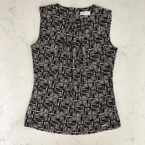 Calvin Klein Sleeveless Scoop Neck Bamboo Print Top Black Tan Wht Sz S NWOT